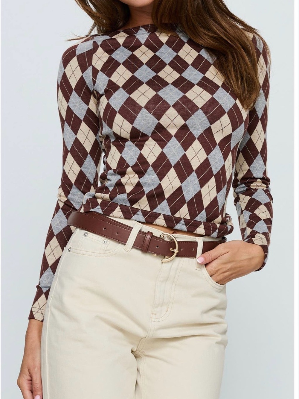 Princess Polly Brown, Cream & Gray Argyle Long Sleeve Top